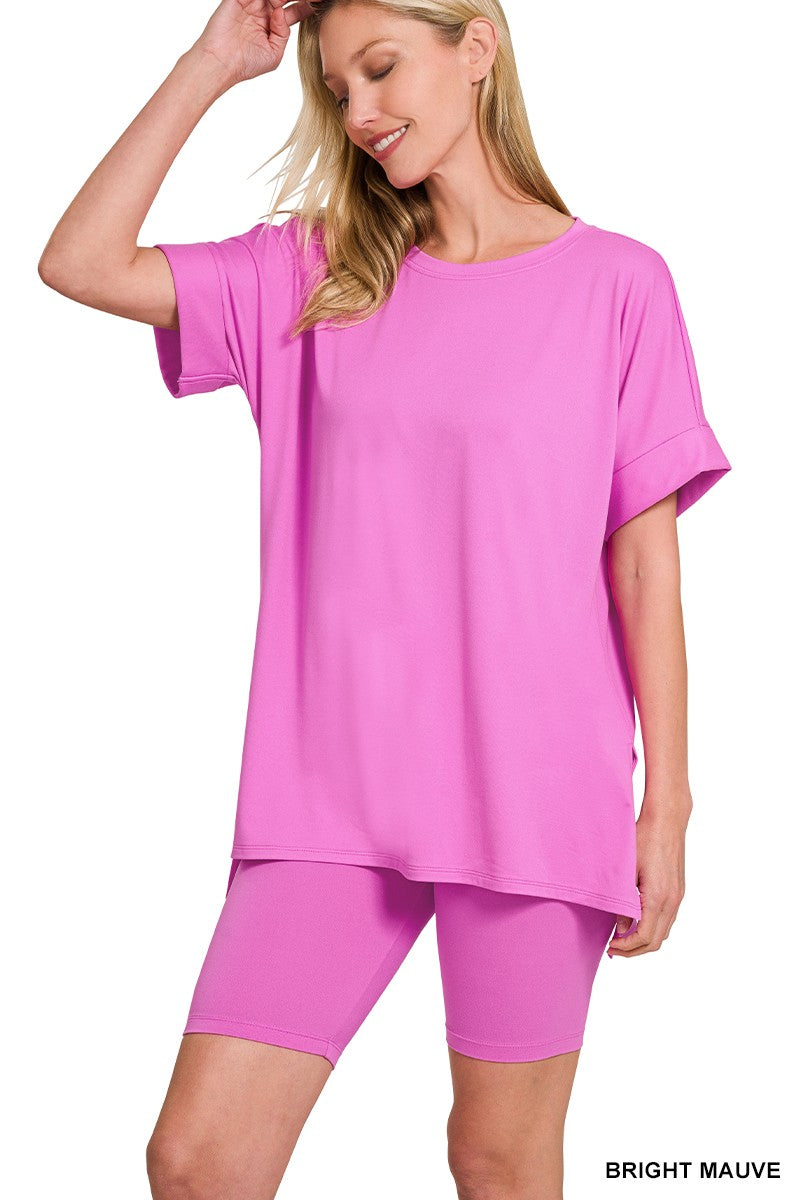 BRUSHED DTY MICROFIBER R-NECK TOP & BIKER SHORTS