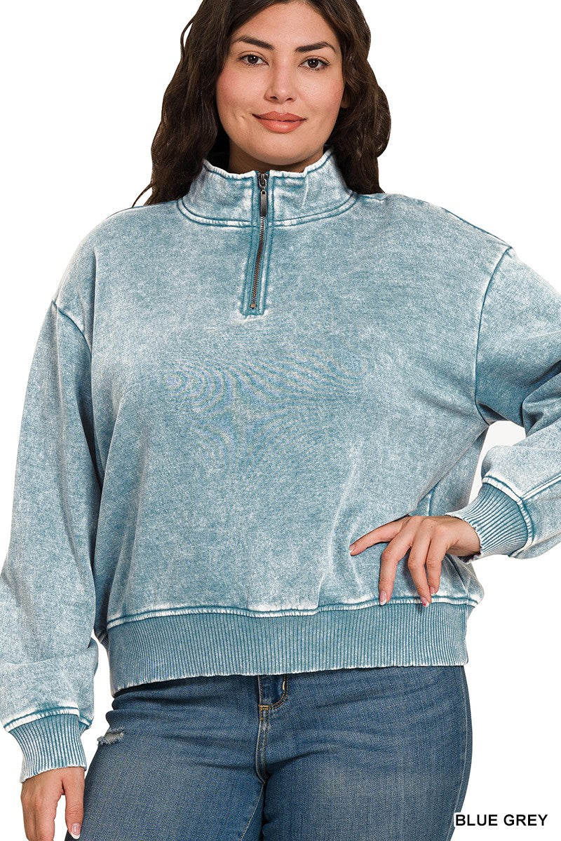 IN THE MOMENT PLUS ACID WASH FLEECE HALF ZIP PULLOVER
