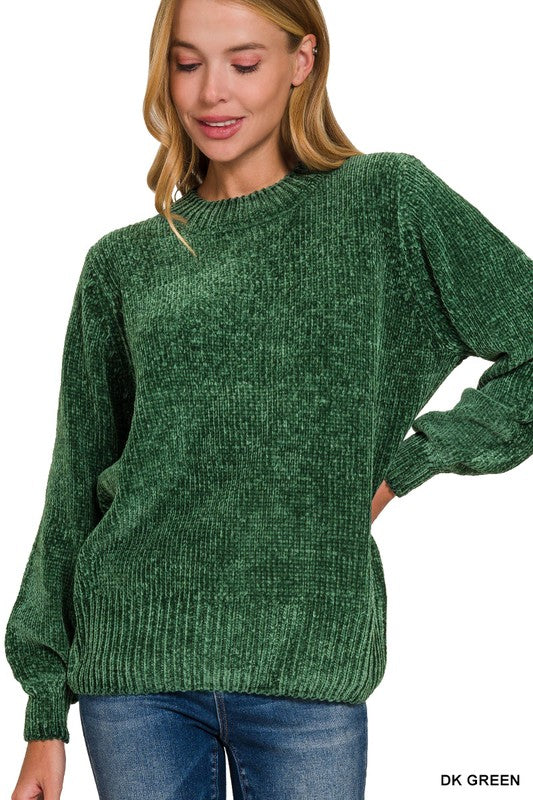 Round Neck Balloon Sleeve Chenille Sweater TW-3419A