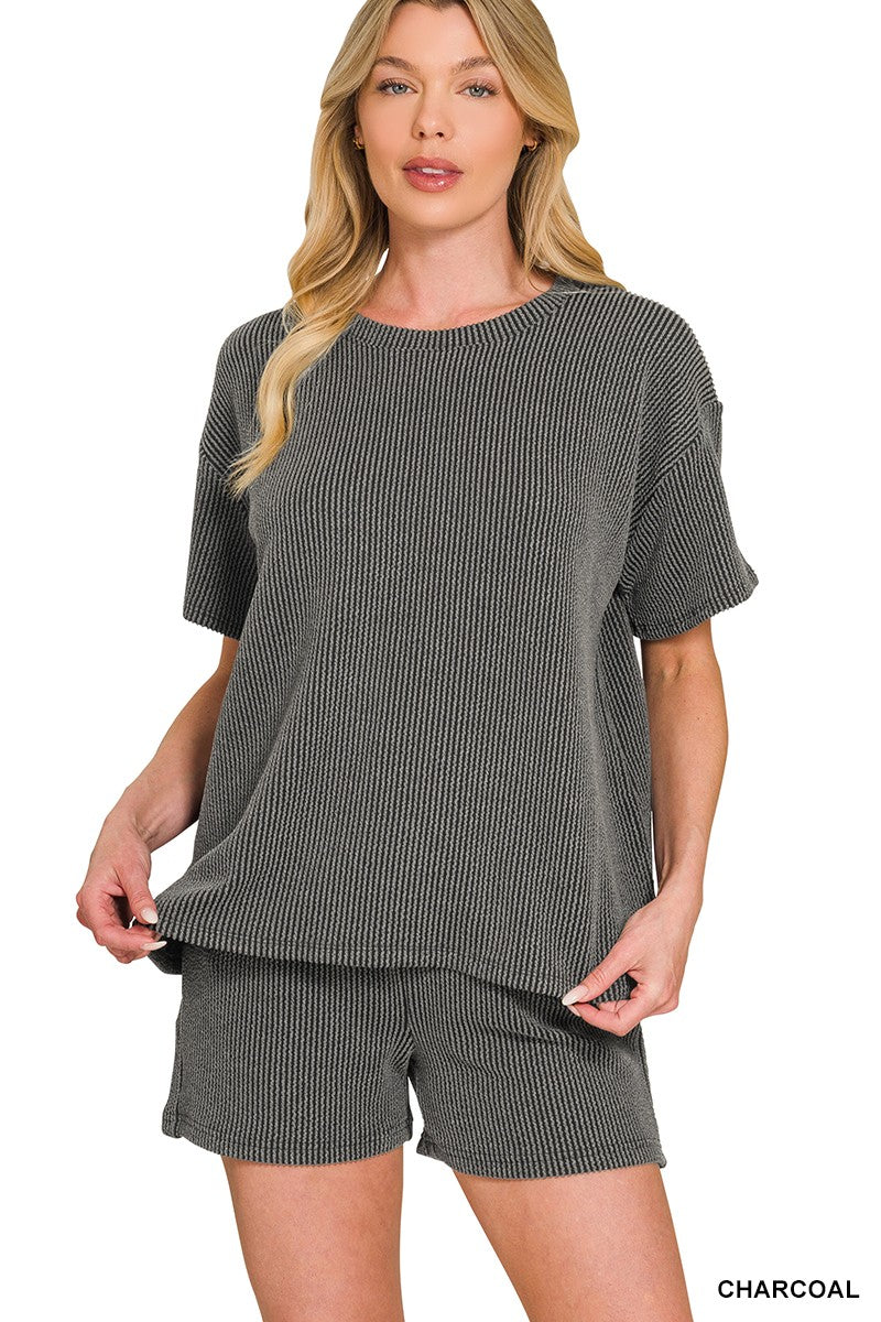 CHARCOAL Raised Rib Short Sleeve Tee & Short Pants Set