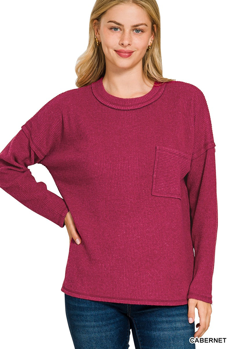 Ribbed Brushed Melange Hacci Sweater With A Pocket