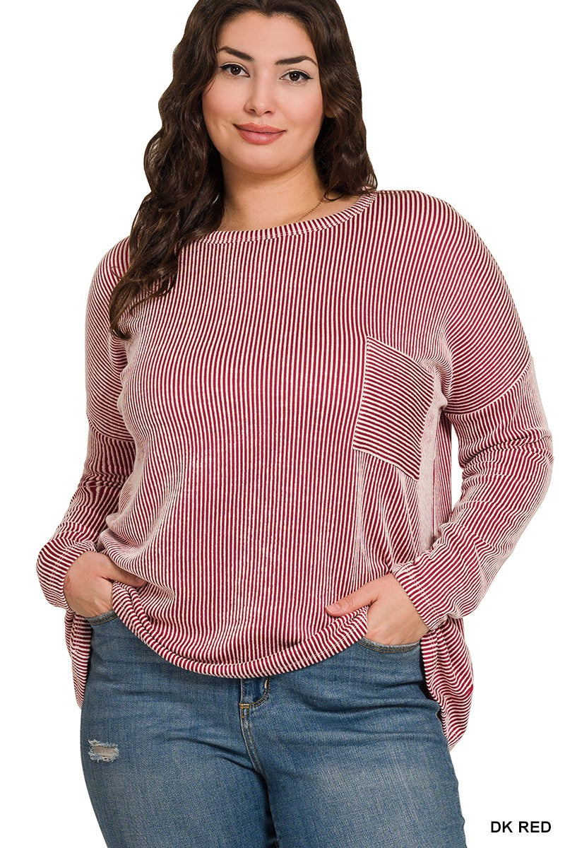 Plus Ribbed Striped Oversized Long Sleeve Top