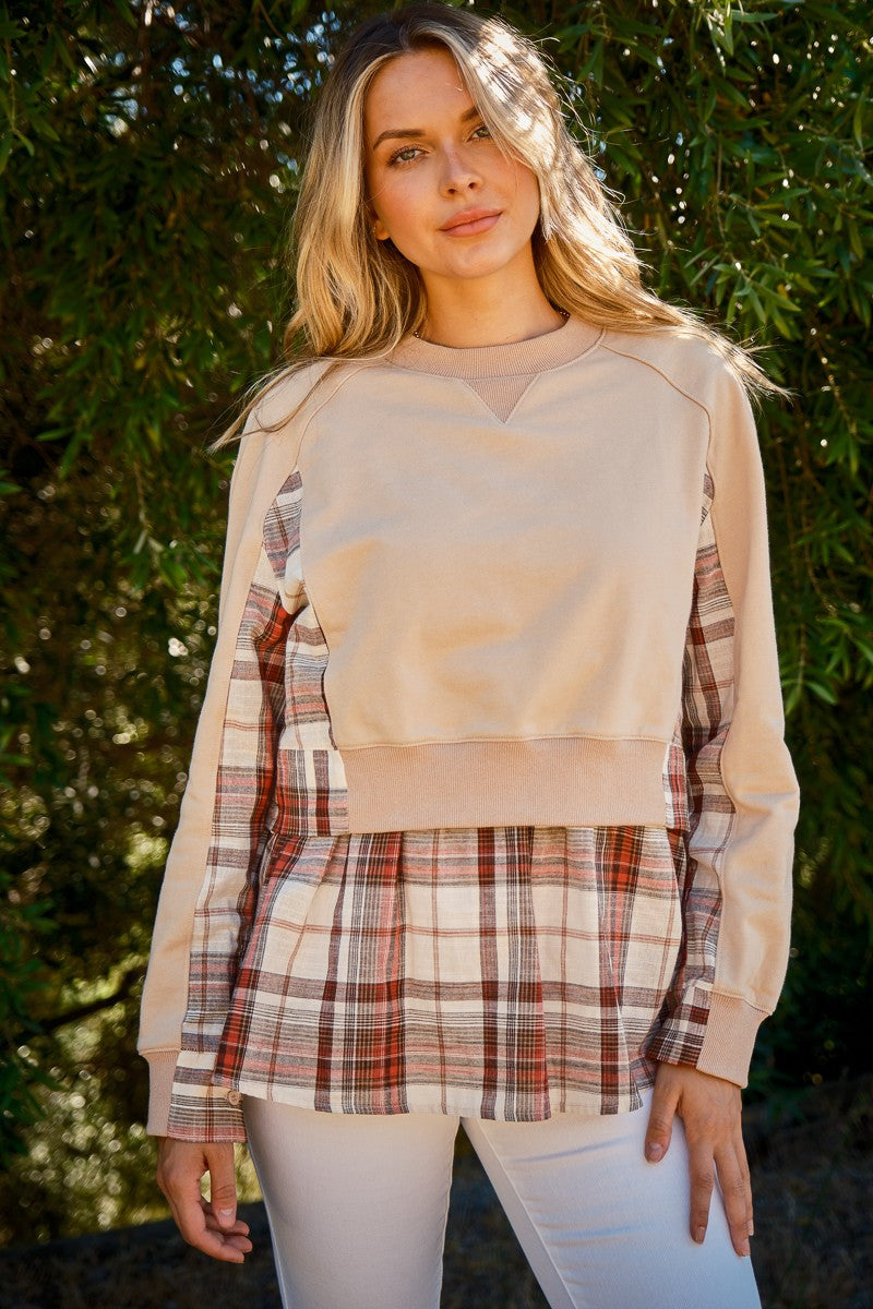 Double Layered Plaid Contrast Sweatshirts