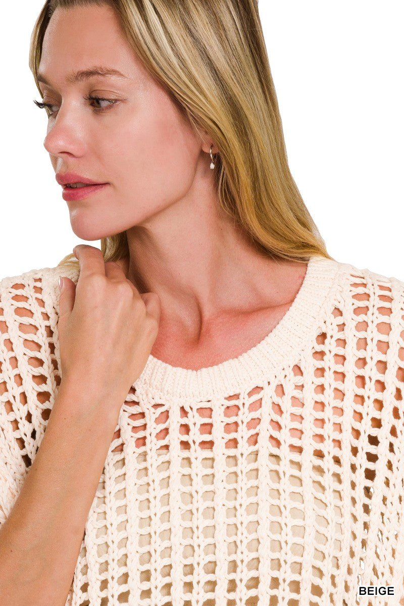 FISH NET SHORT SLEEVE CROCHET SWEATER