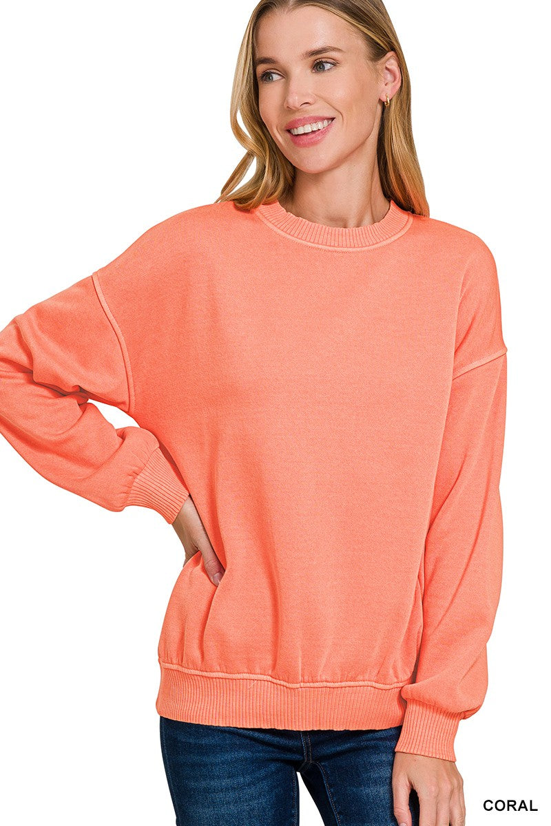 CORAL PIGMENT DYE FLEECE OVERSIZED PULLOVER