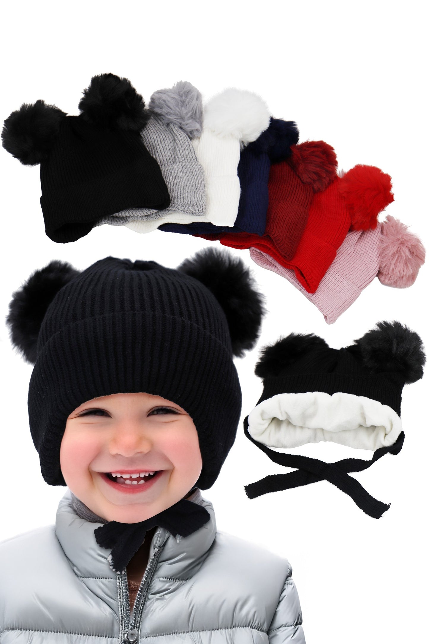 Kids Fleece Lined Ear Cover Chin Strap Beanie