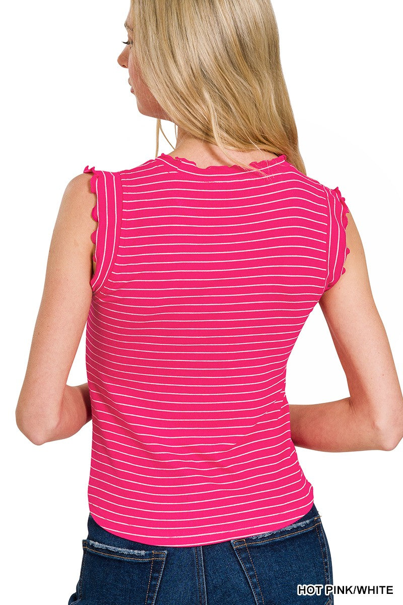 SHE LOVES IT RIBBED RUFFLE TRIM SLEEVELESS STRIPE TOP