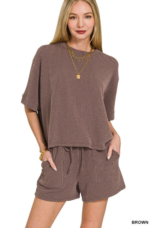 BROWN Corded Rib Short Sleeve Tee & Short Pants Set