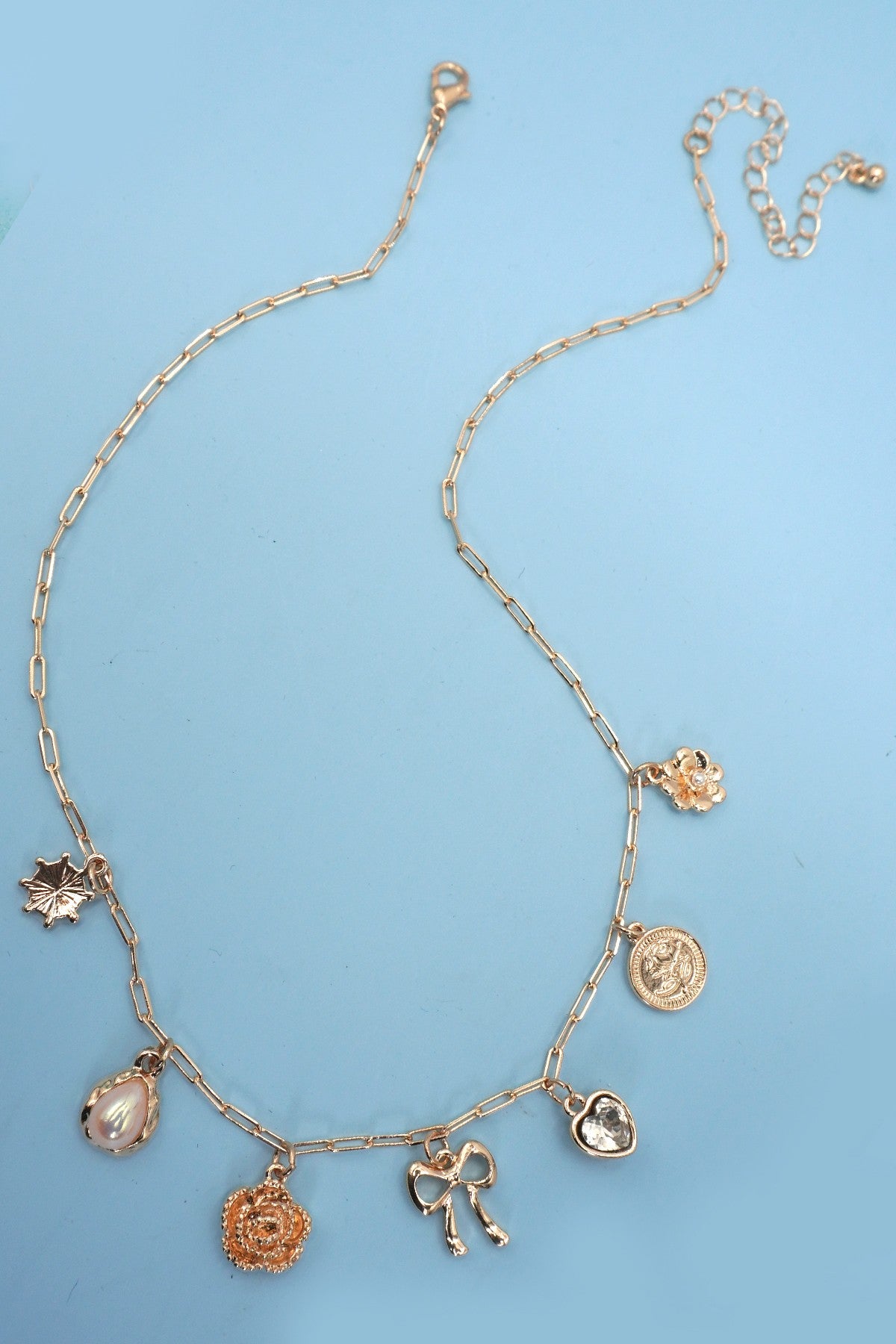 BOW HEART FLOWER CHARM LINK CHAIN NECKLACE