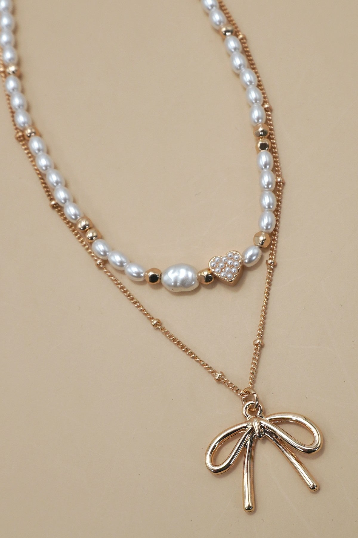 PEARL HEART BOW BALL CHAIN DOUBLE LAYER NECKLACE