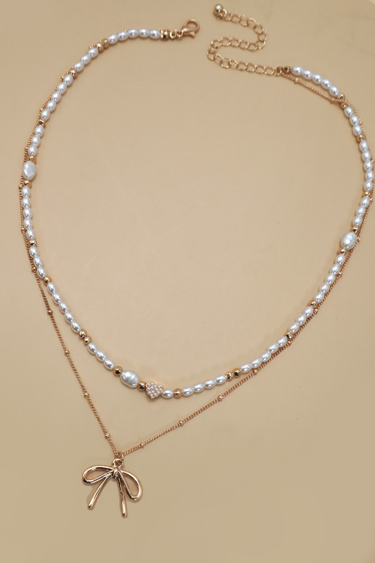 PEARL HEART BOW BALL CHAIN DOUBLE LAYER NECKLACE
