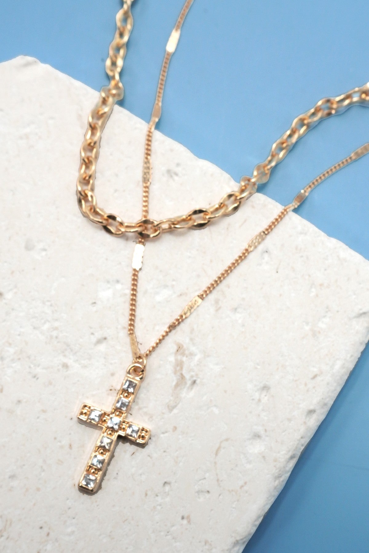 DOUBLE LAYER RHINESTONE CROSS NECKLACE