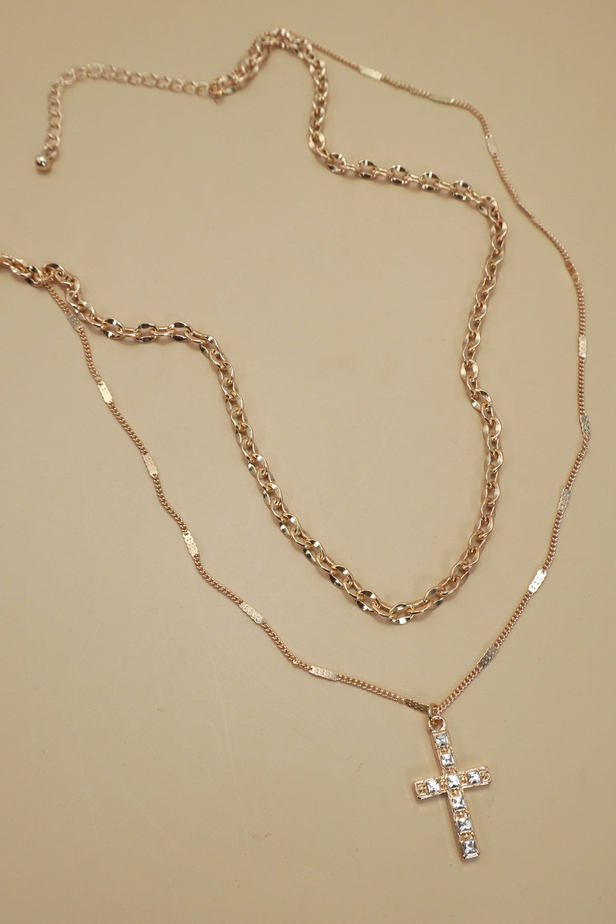 DOUBLE LAYER RHINESTONE CROSS NECKLACE