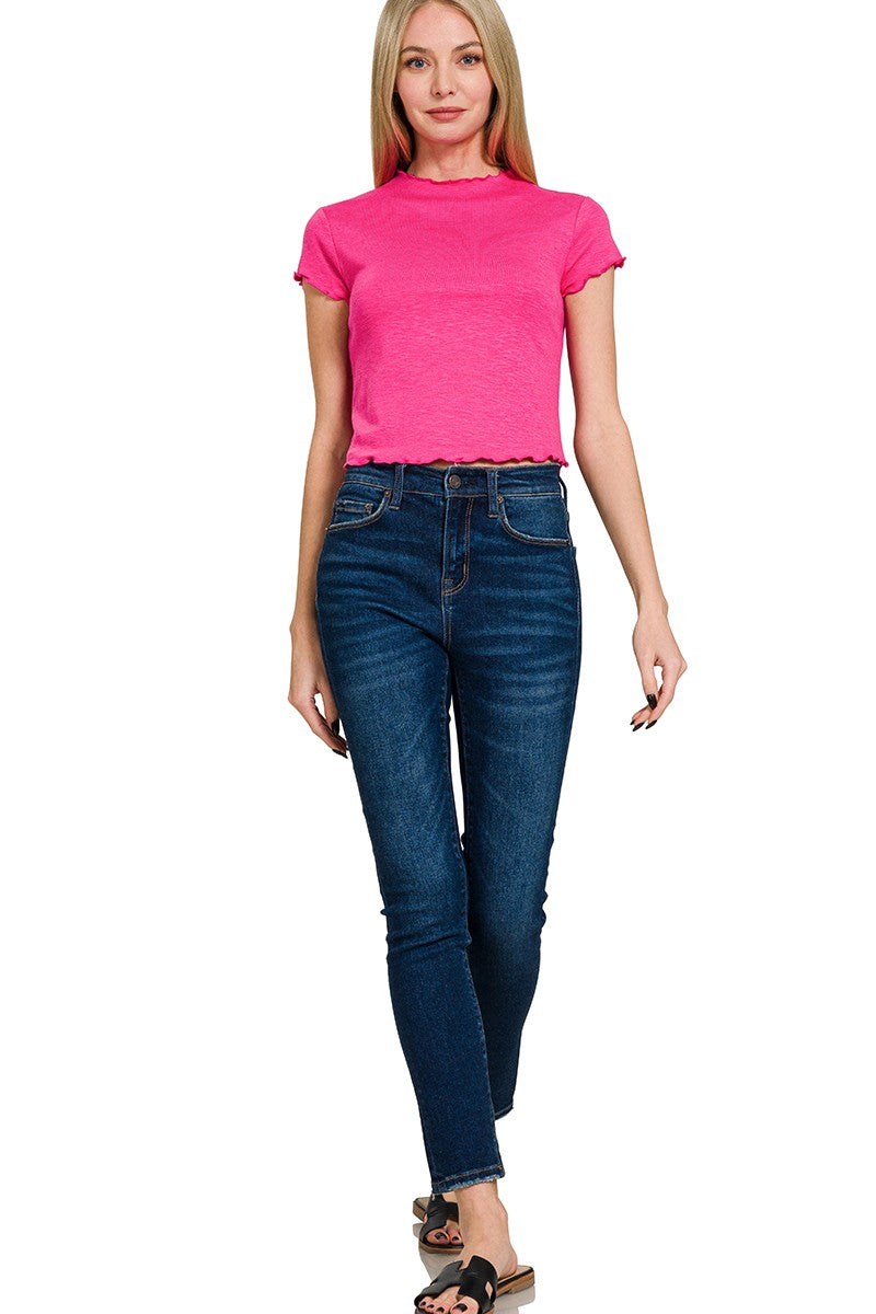 COTTON MODAL SLUB LETTUCE TRIMMED CROPPED TEE