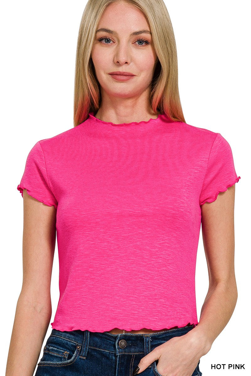 COTTON MODAL SLUB LETTUCE TRIMMED CROPPED TEE