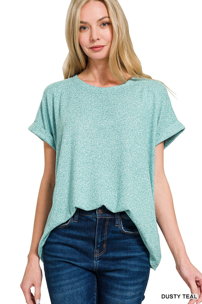 DUSTY TEAL SOFT MELANGE HACCI SHORT SLEEVE ROUND NECK TOP