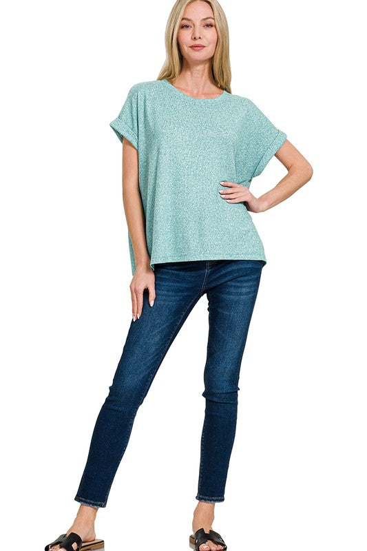 DUSTY TEAL SOFT MELANGE HACCI SHORT SLEEVE ROUND NECK TOP