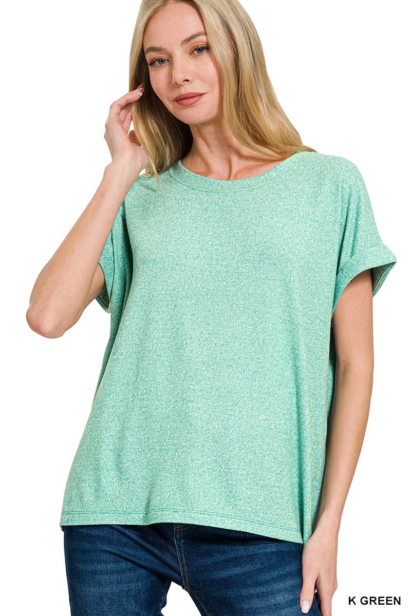 KELLY GREEN SOFT MELANGE HACCI SHORT SLEEVE ROUND NECK TOP