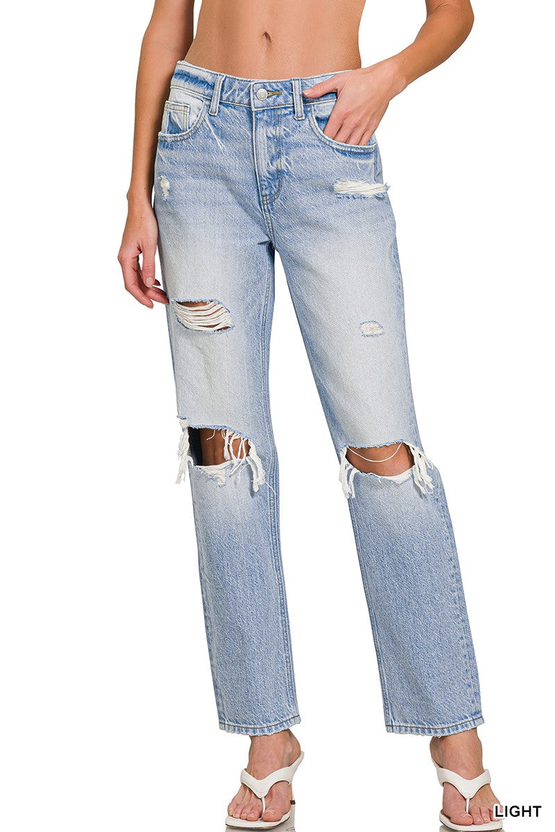 LINCON HIGH-RISE DISTRESSED STRAIGHT LEG DENIM PANTS