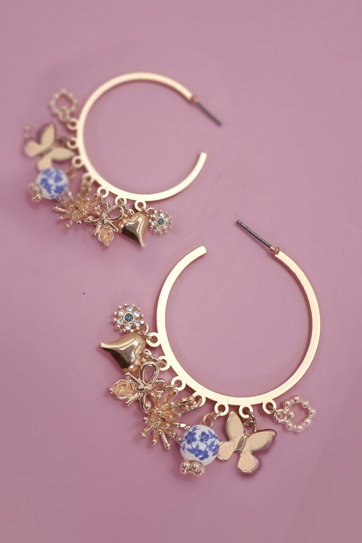 BLUE CERAMIC PORCELAIN MULTI CHARM HOOP EARRINGS
