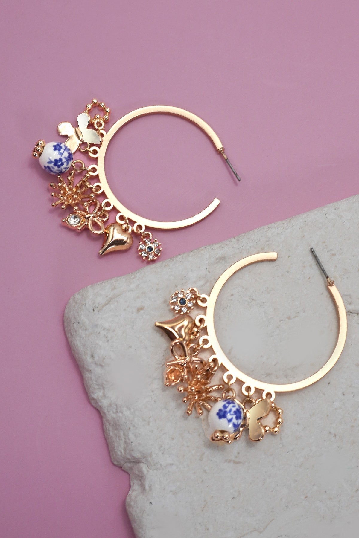 BLUE CERAMIC PORCELAIN MULTI CHARM HOOP EARRINGS