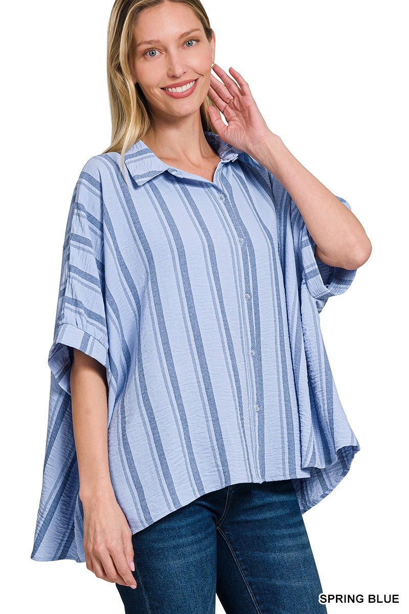 SPRING BLUE WOVEN YARN-DYE STRIPE OVERSIZED BUTTON DOWN SHIRTS