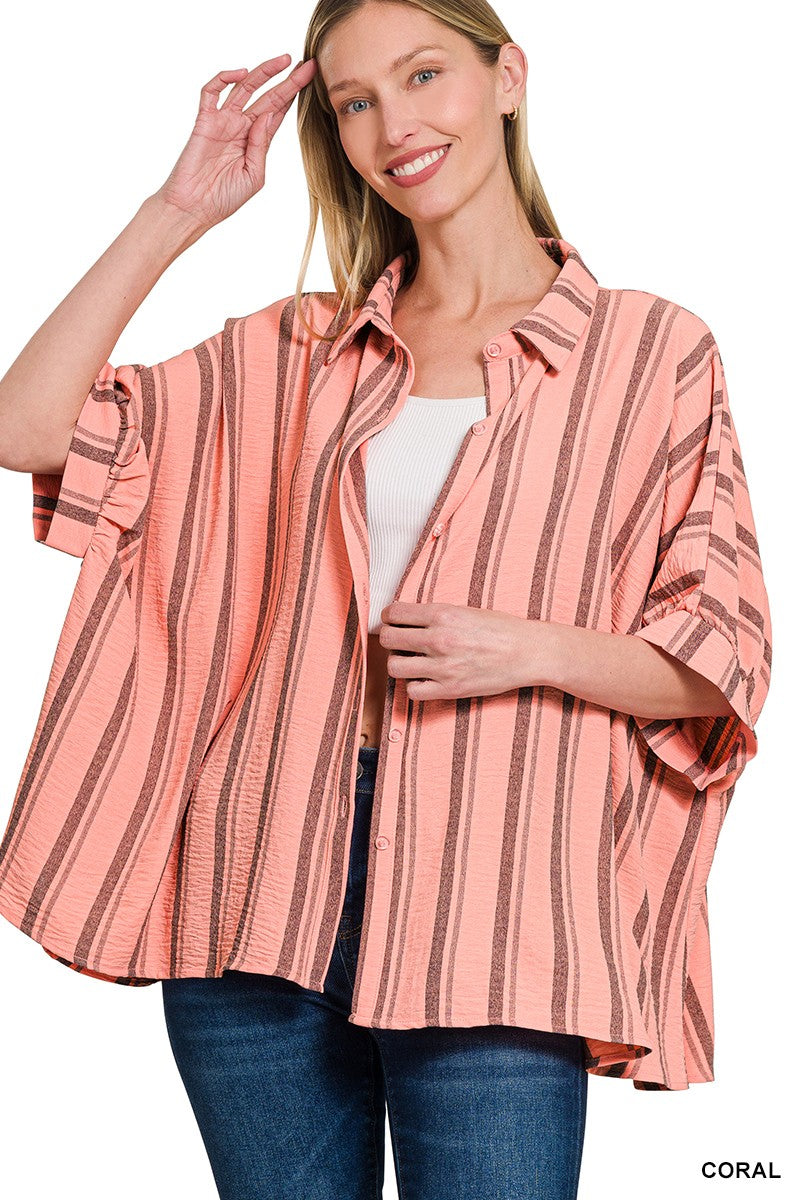 CORAL WOVEN YARN-DYE STRIPE OVERSIZED BUTTON DOWN SHIRTS