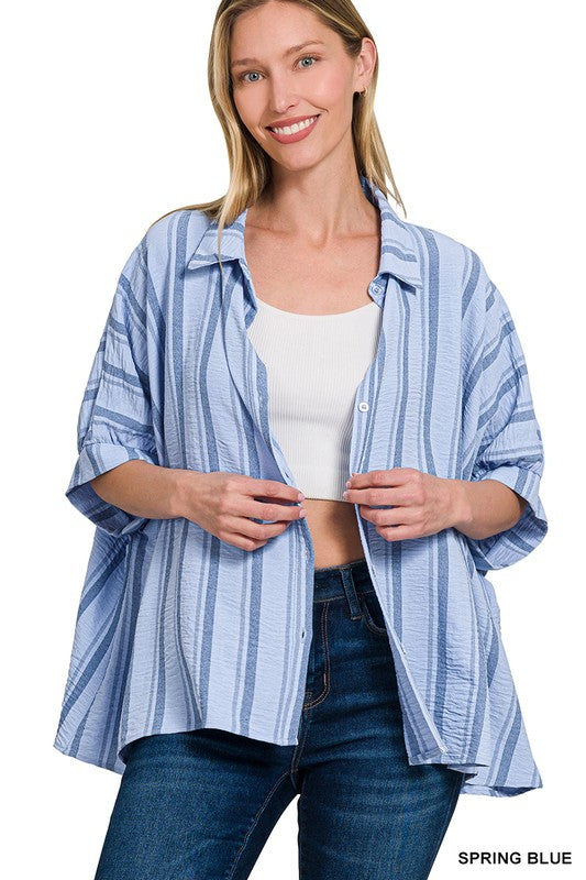 SPRING BLUE WOVEN YARN-DYE STRIPE OVERSIZED BUTTON DOWN SHIRTS