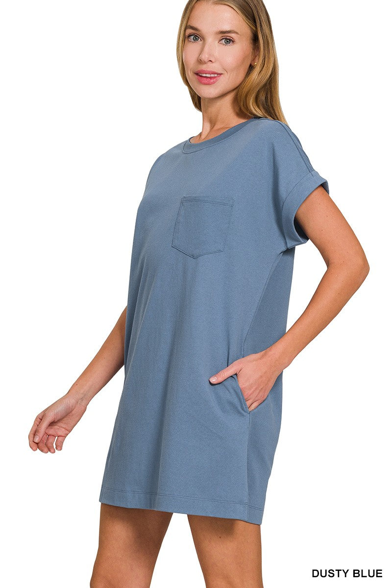 T-SHIRTS DRESS WITH POCKETS DUSTY BLUE