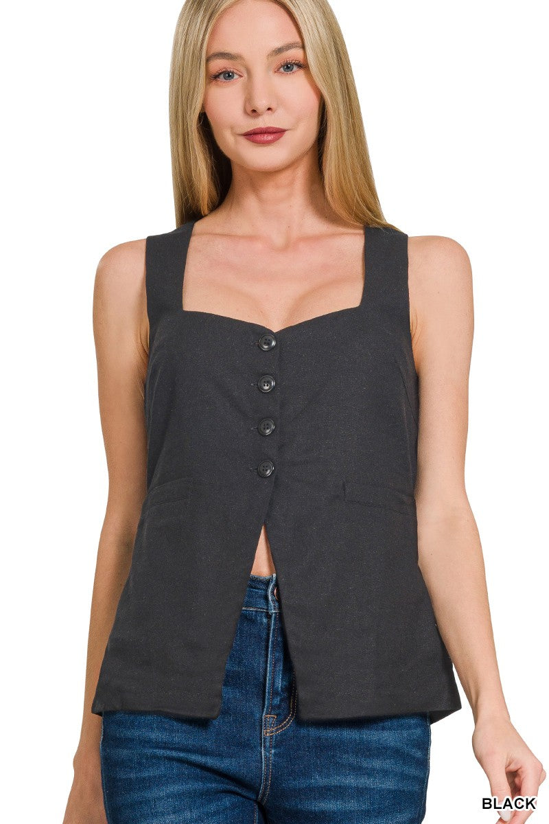 LINEN TIE-BACK 4-BUTTON VEST WITH LINING