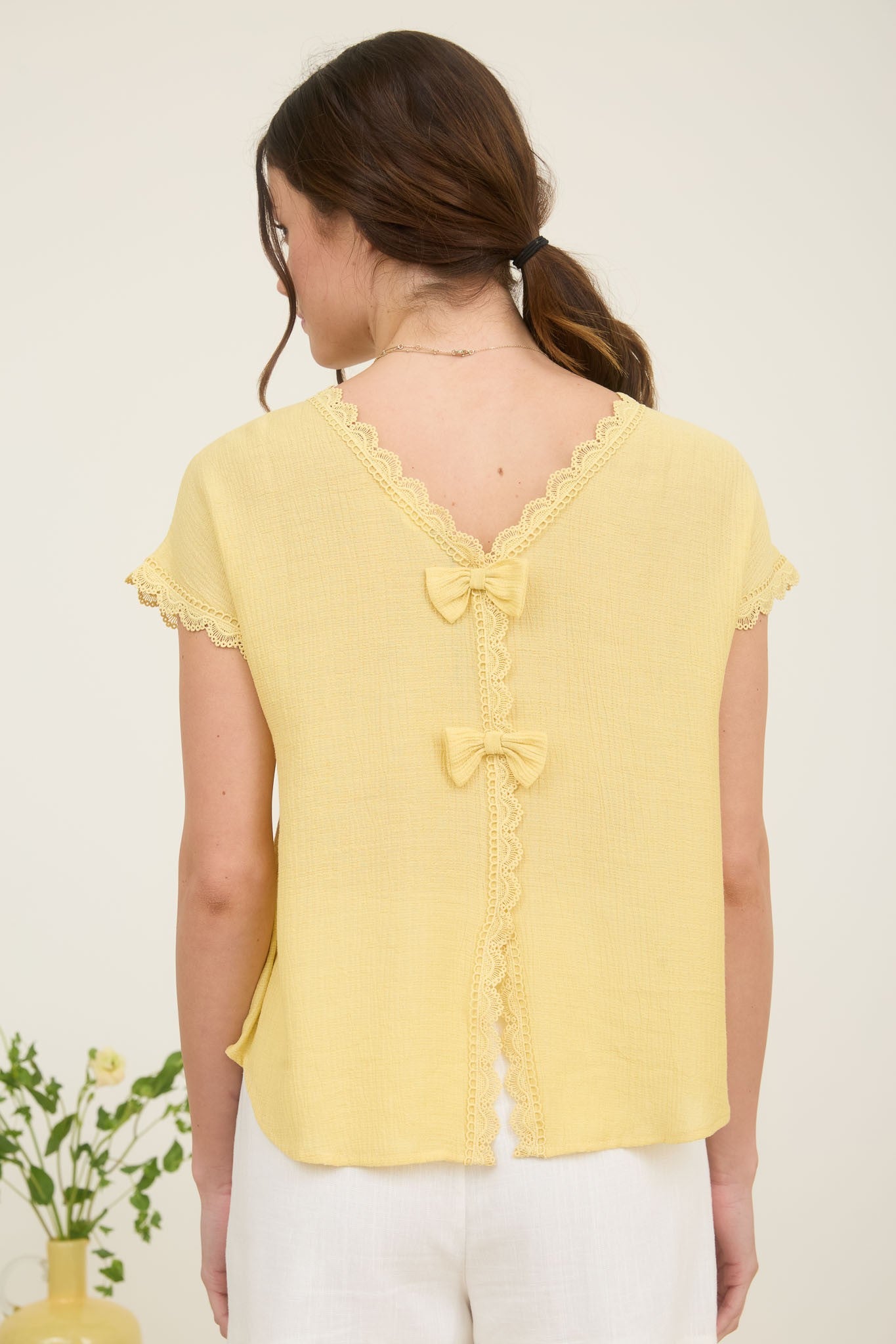 Lace Trim Back Bow Detail Short Sleeve Blouse