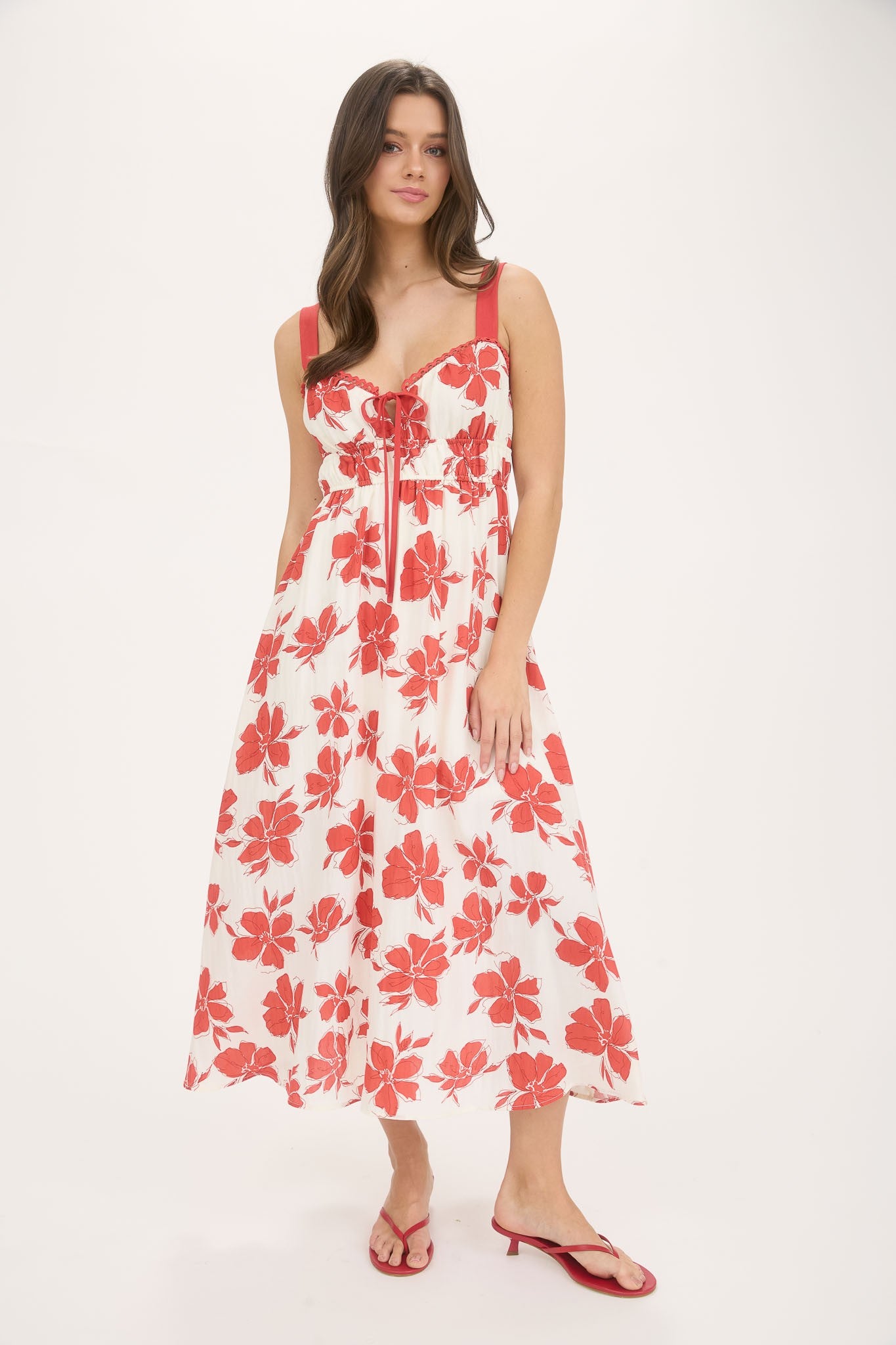 Floral Sweetheart Front Tie With Cutout Midi Dress