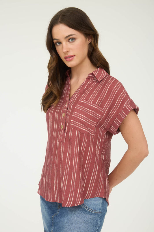 Stripe Half Button Collared Short Sleeve Shirt