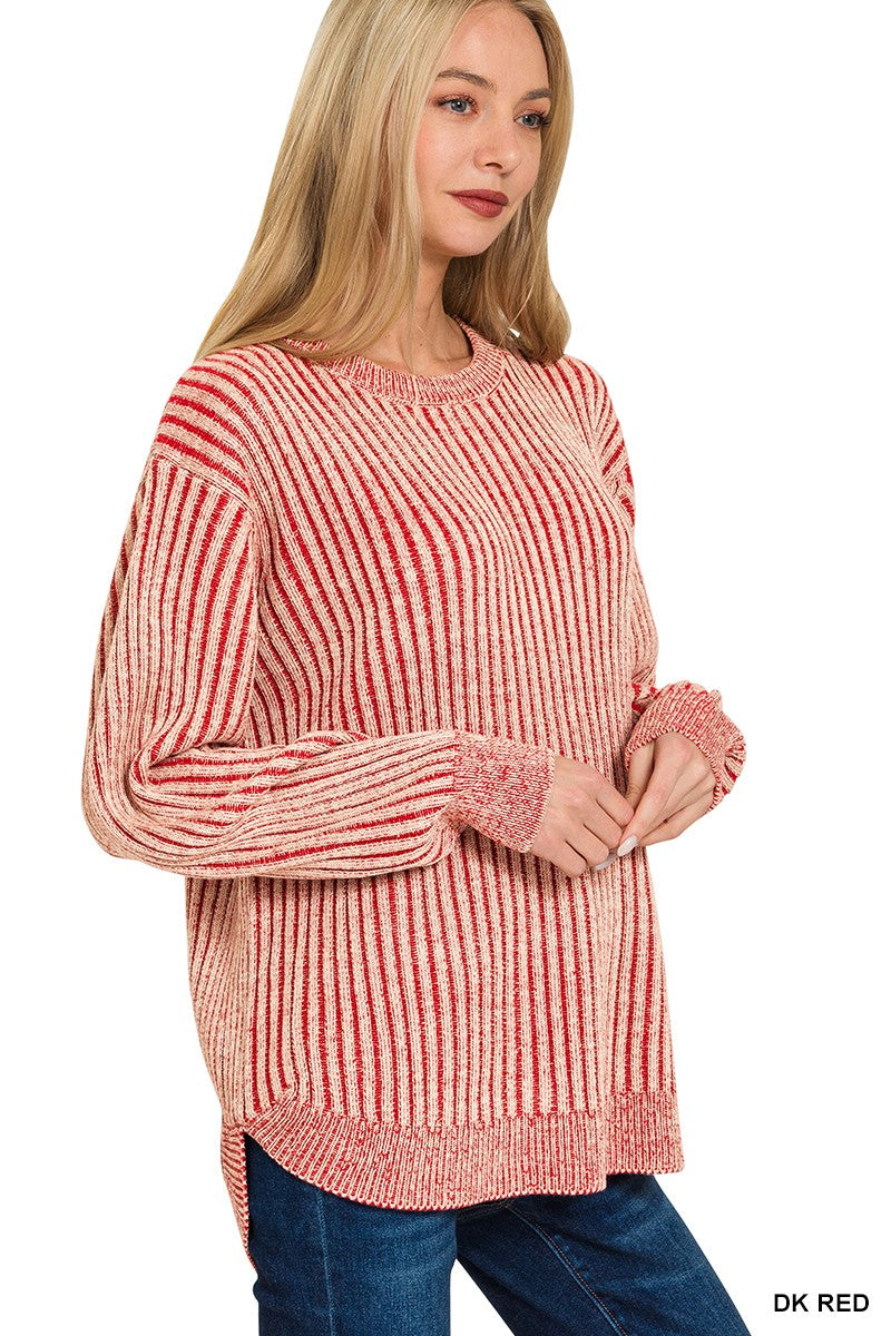 DARK RED Curved Hem Two-tone Sweater