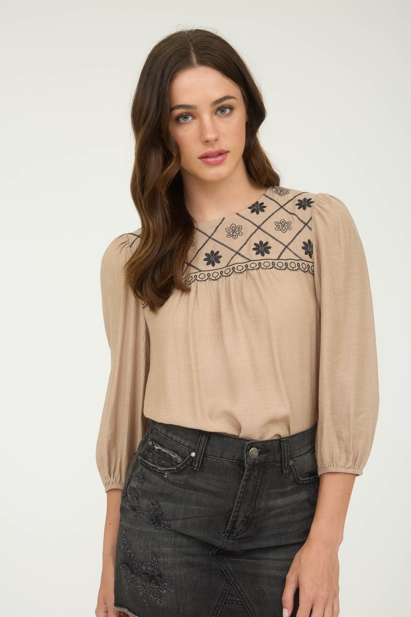 Floral Embroidered Yoke 3/4 Sleeve Blouse
