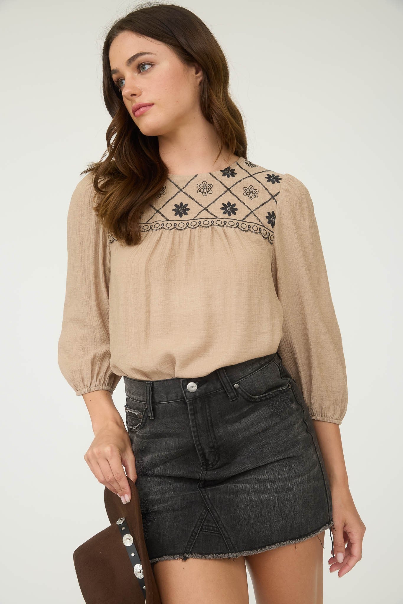 Floral Embroidered Yoke 3/4 Sleeve Blouse