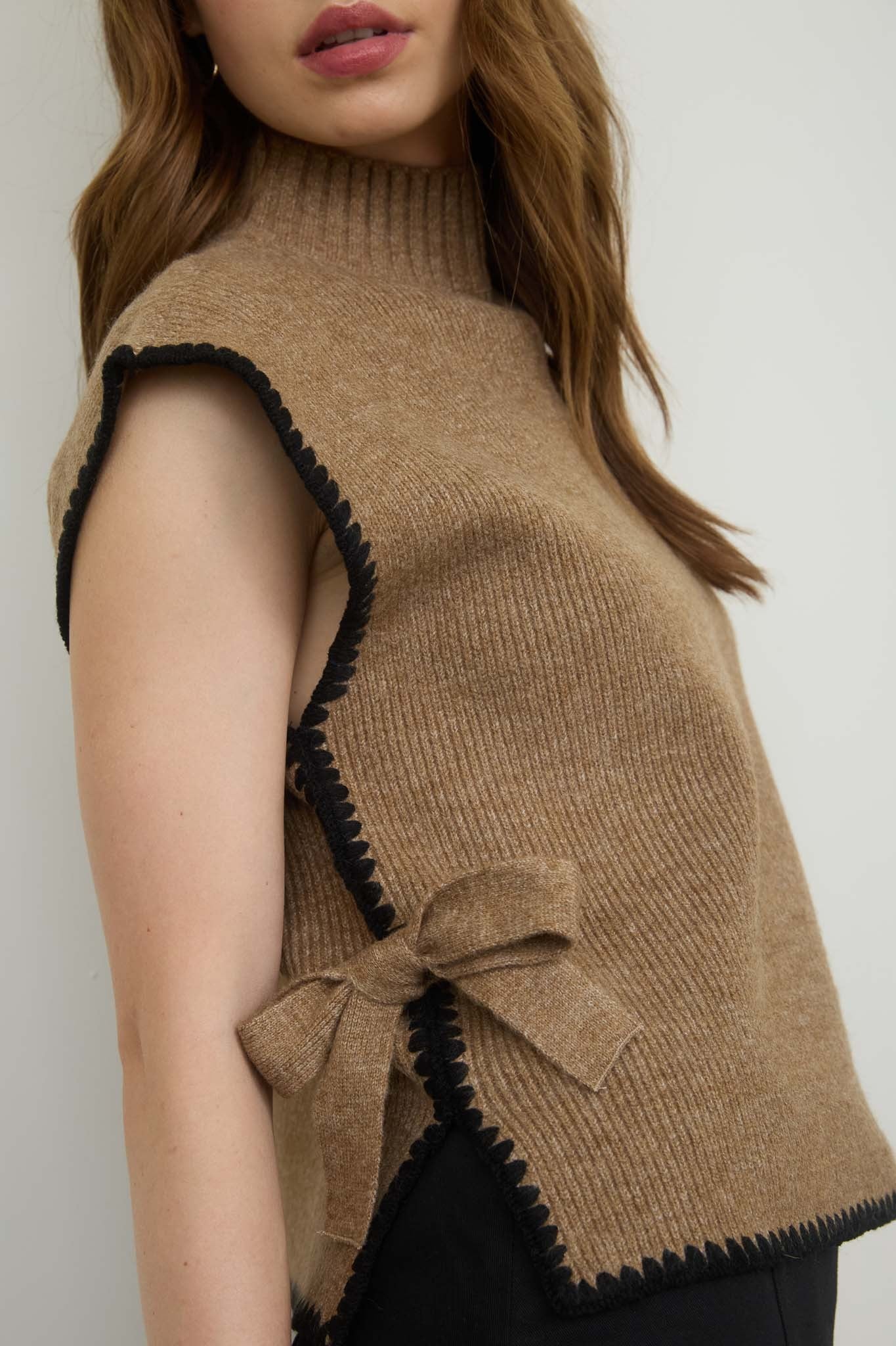 Mock Neck Contrast Stitch Side Tie Sweater Top