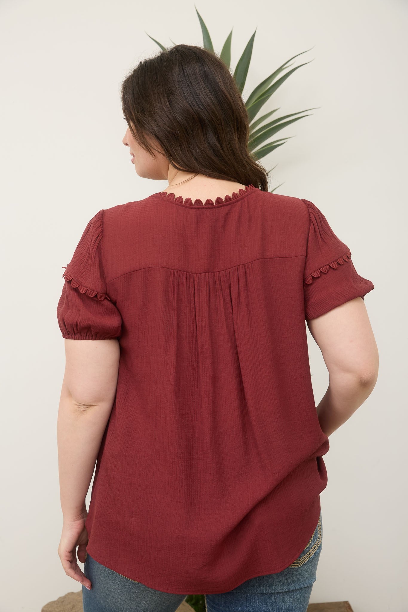 Plus Scallop Trim Front Tie Detail Puff Sleeve Top