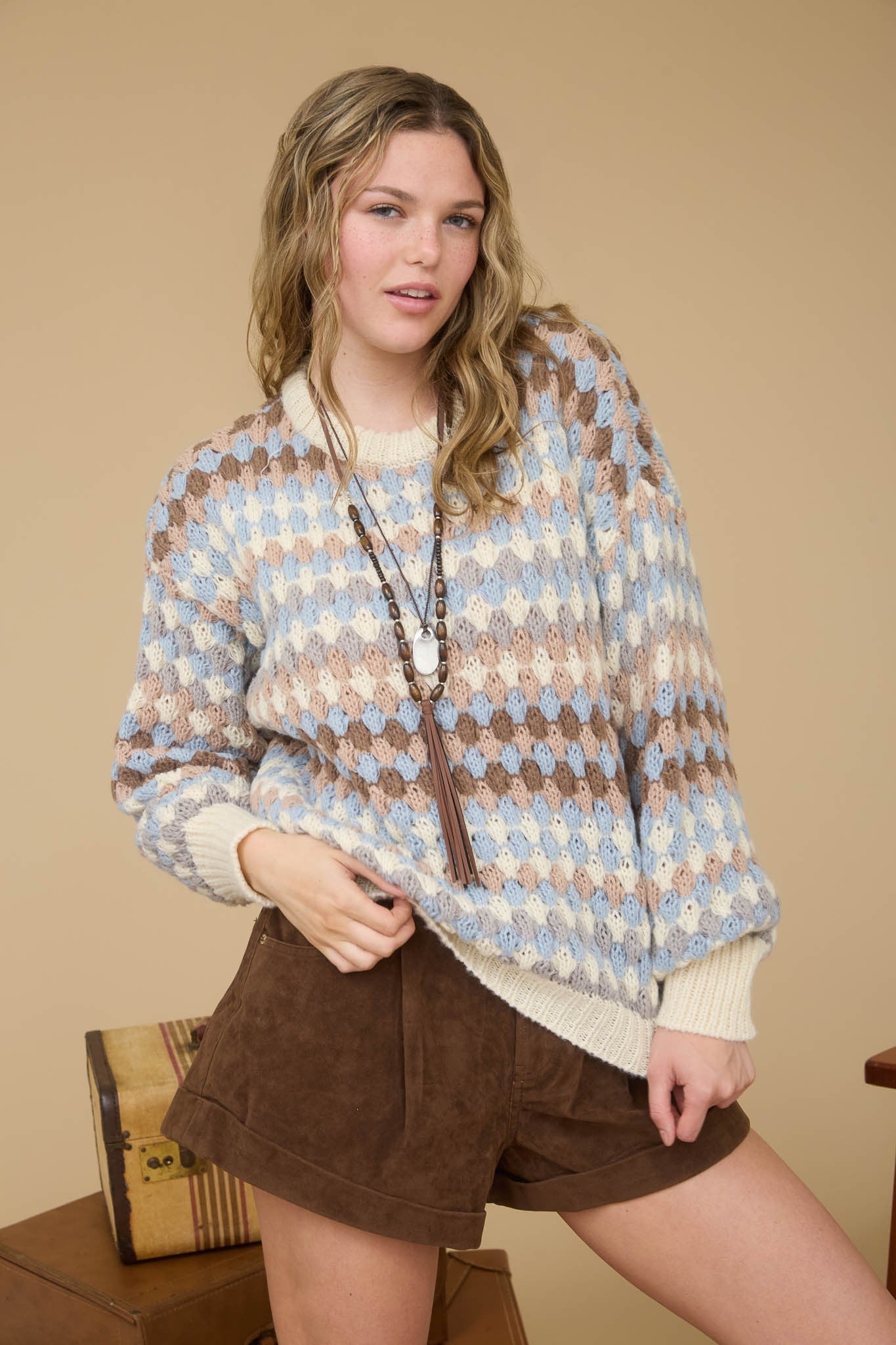 Multicolor Knit Crewneck Pullover Sweater
