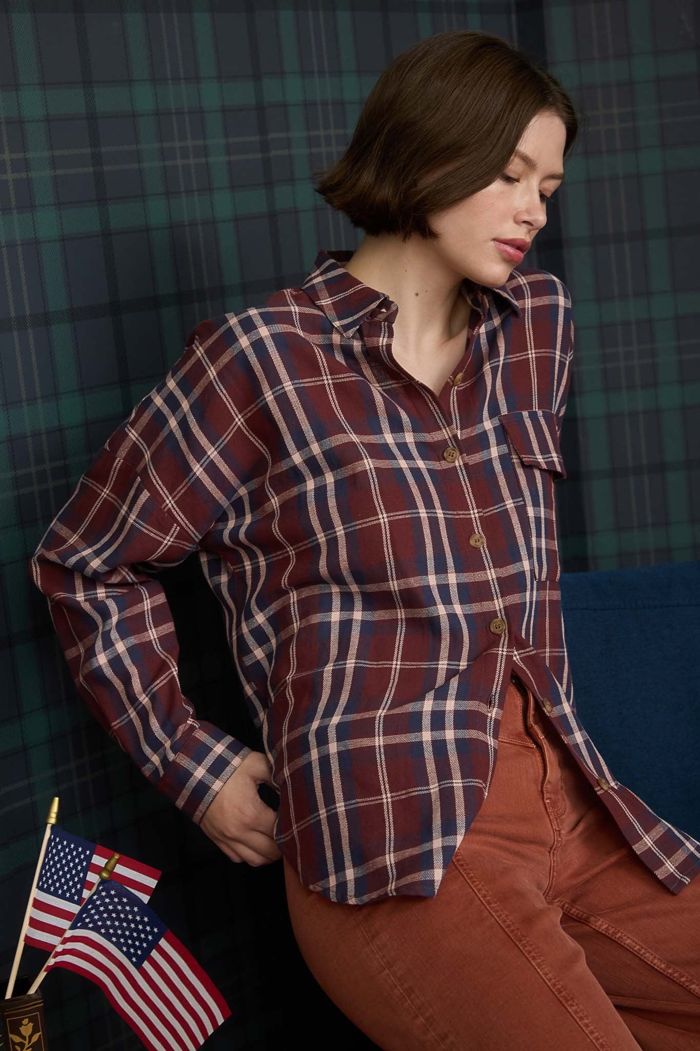 Plaid Button Down Pocket Detail Long Sleeve Shirt