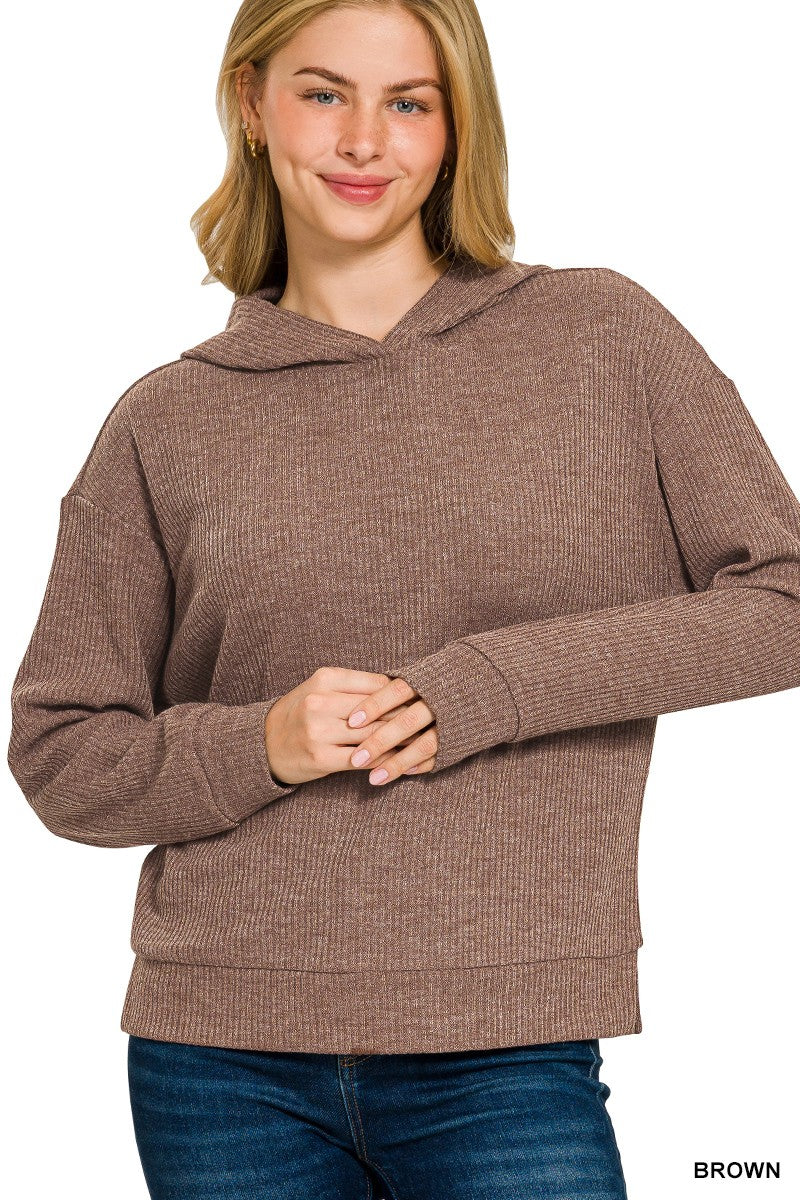 BROWN Ribbed Hoodie Pullover