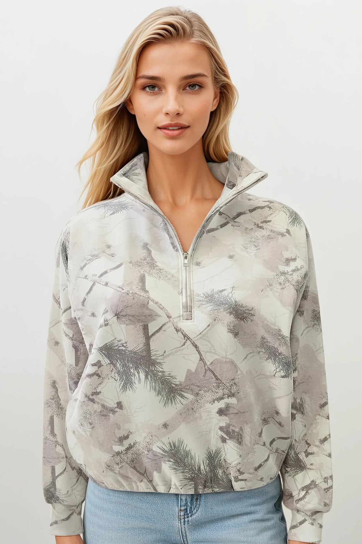 Fleece Camo Half Zip Up With Mock Neck Collar