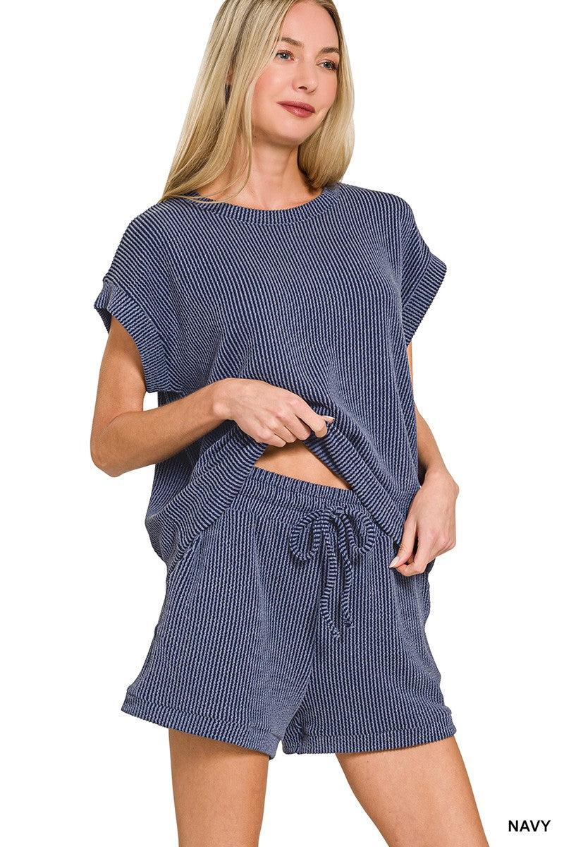 NAVY Raised Rib Cap Sleeve Top & Shorts Set