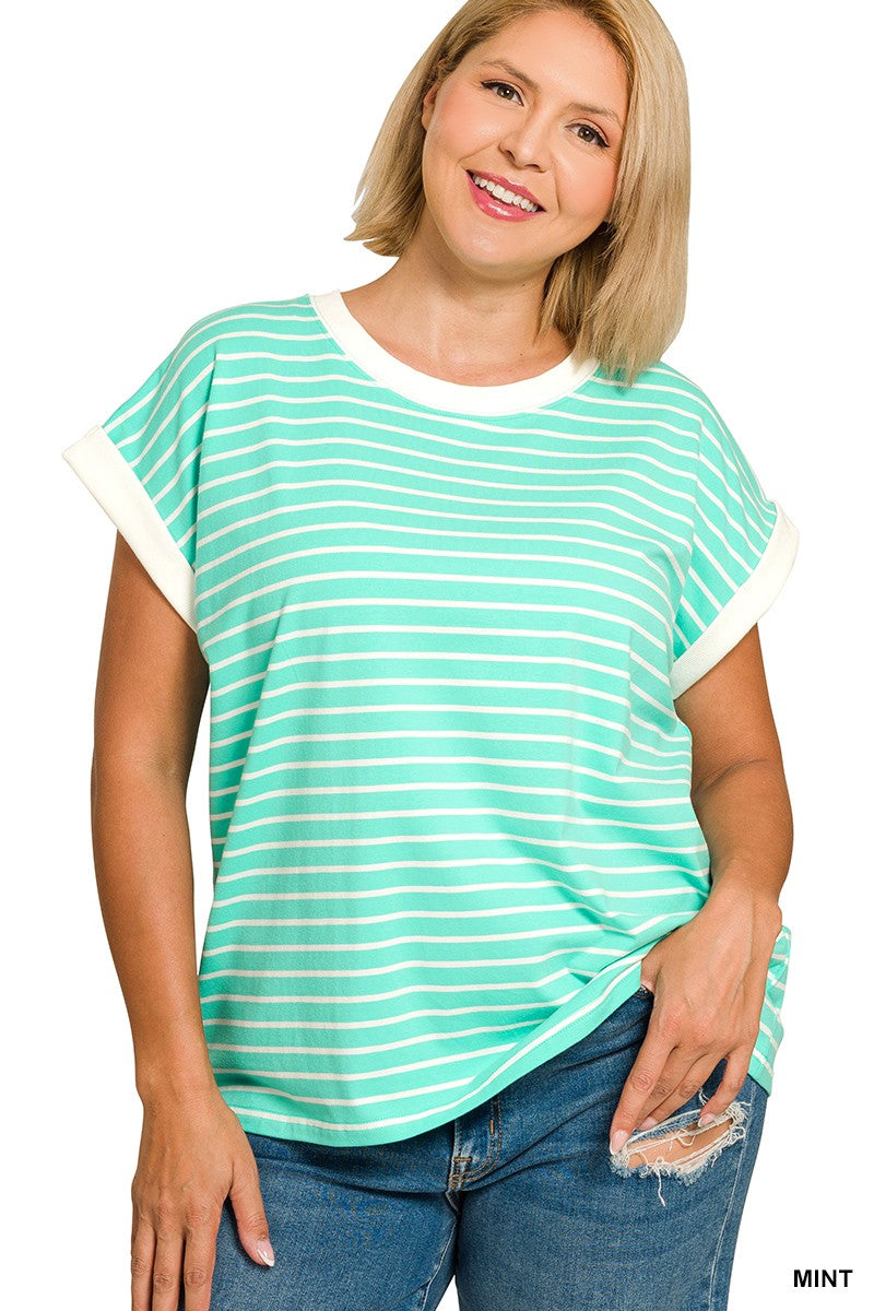 Plus Contrast Trim Cap Sleeve Stripe Tee