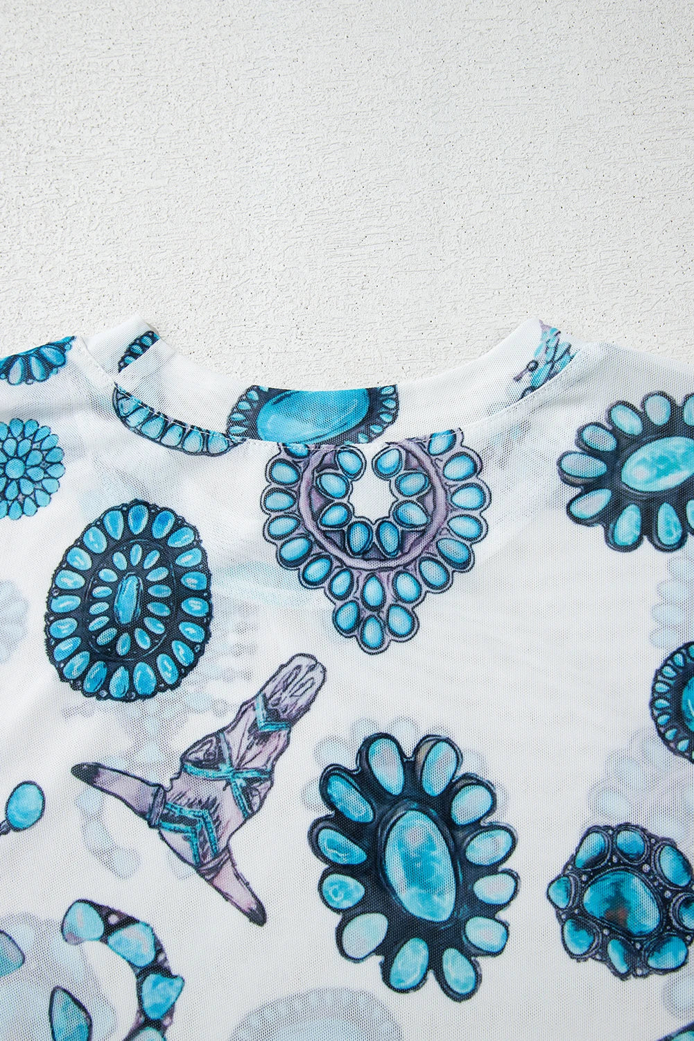 Sky Blue Turquoise Print Crewneck MESH TOP