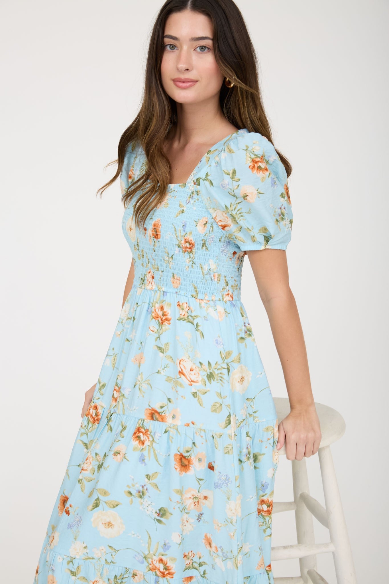 Floral MINT Smocked Puff Sleeve A-line Midi Dress