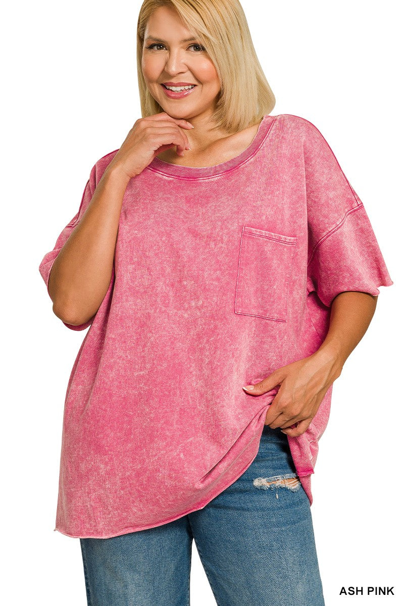 Plus French Terry Washed Drop Shoulder Raw Edge Top
