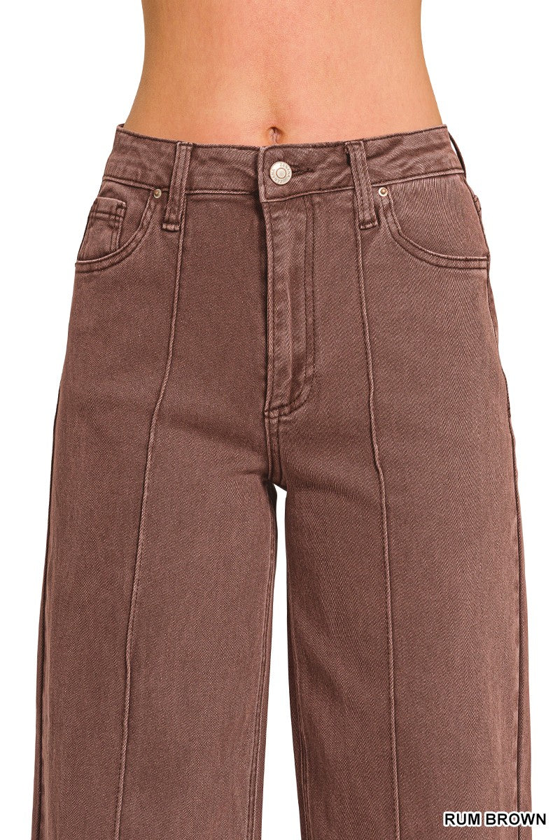 High Rise Wide Leg Pintuck Color Denim Pants Brown Rum