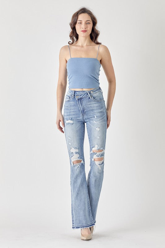 CROSSOVER RISEN HIGH RISE FLARE RELEASED HEM JEANS