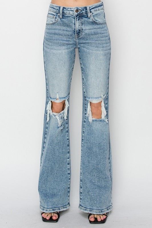RISEN INSPIRED MID RISE DISTRESSED FLARE JEANS